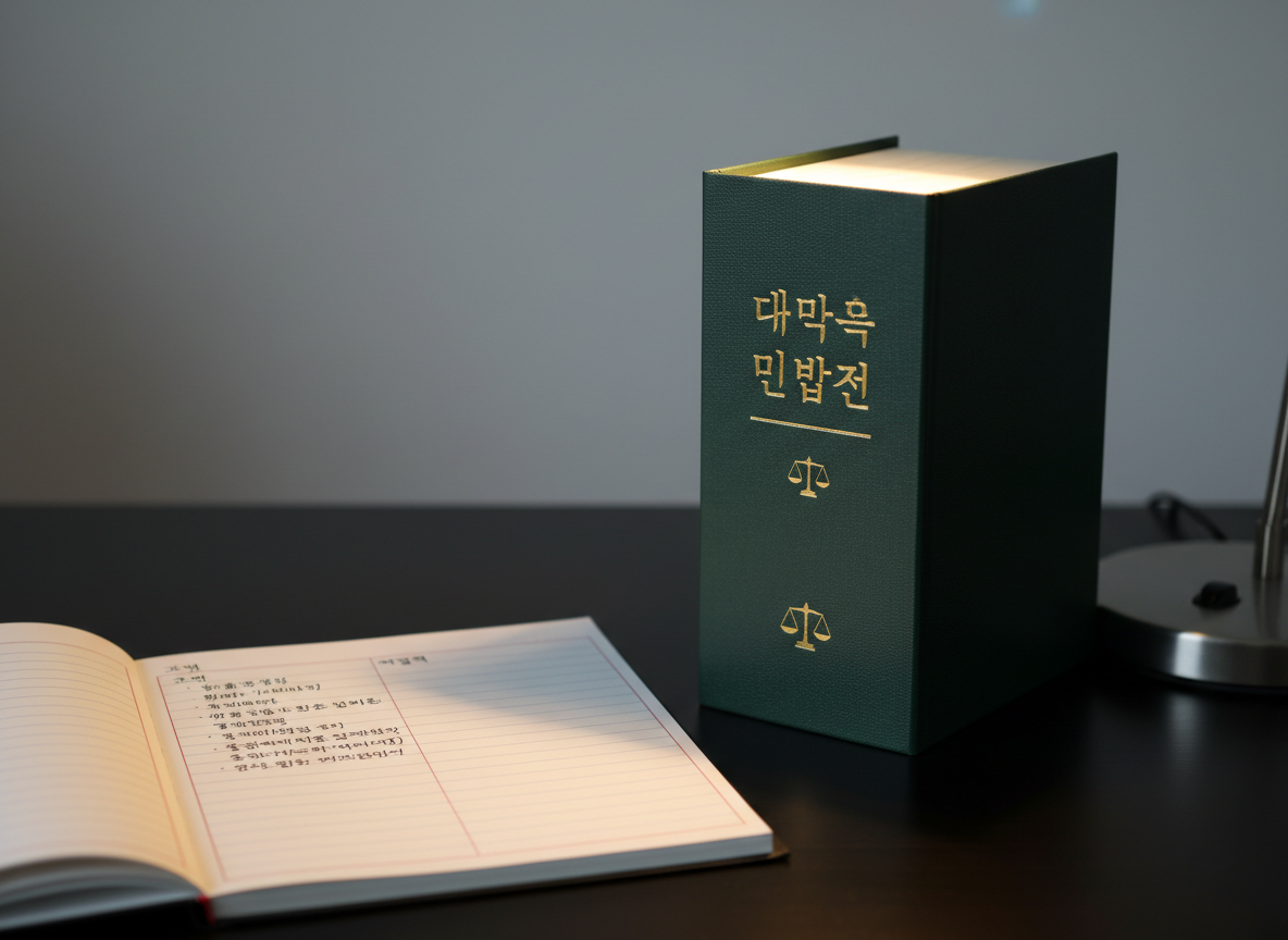 A close-up of a dark green hardcover law code book standing upright on a polished black desk, its spine embossed with fine gold Korean characters and a small balanced-scale icon. Next to it, a legal notepad with neatly lined pages lies open, a single page filled with structured bullet points labeled as ‘worries’ and ‘solutions’ in Korean. A slim silver desk lamp casts focused, warm light from the right, creating crisp but gentle shadows and a feeling of concentration. The background softly fades into a neutral gray, photographic realism with shallow depth of field, evoking a calm, methodical, and trustworthy legal problem-solving environment.