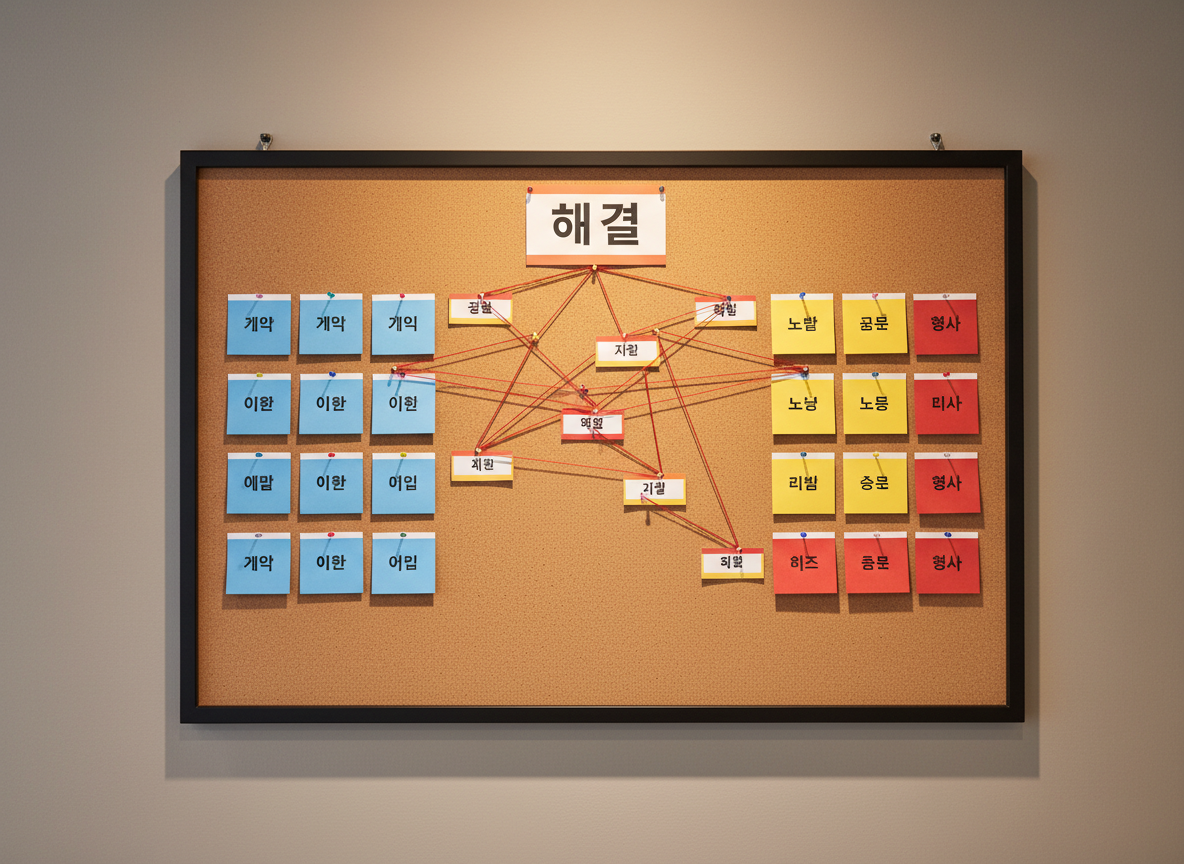 A modern, wall-mounted corkboard in a muted law office, neatly pinned with color-coded index cards labeled in Korean for common legal issues such as contracts, divorce, labor, and criminal matters. Red thread connects some cards to a central, larger card titled ‘해결’ (solution), symbolizing structured legal analysis. The wall is a soft, warm gray, and a matte black metal frame borders the board. Overhead, diffused warm-white lighting casts even illumination with minimal shadows. Photographic realism, shot straight-on with sharp focus throughout, creating a clear, organized, and reassuring atmosphere that visually explains how complex legal worries are mapped and resolved step by step.